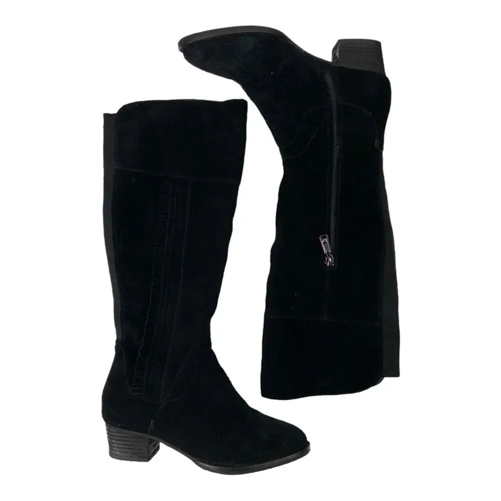 BLONDO Nestle Boots Knee High Suede‎ Ruffle Fringe Black Riding Waterproof 7.5